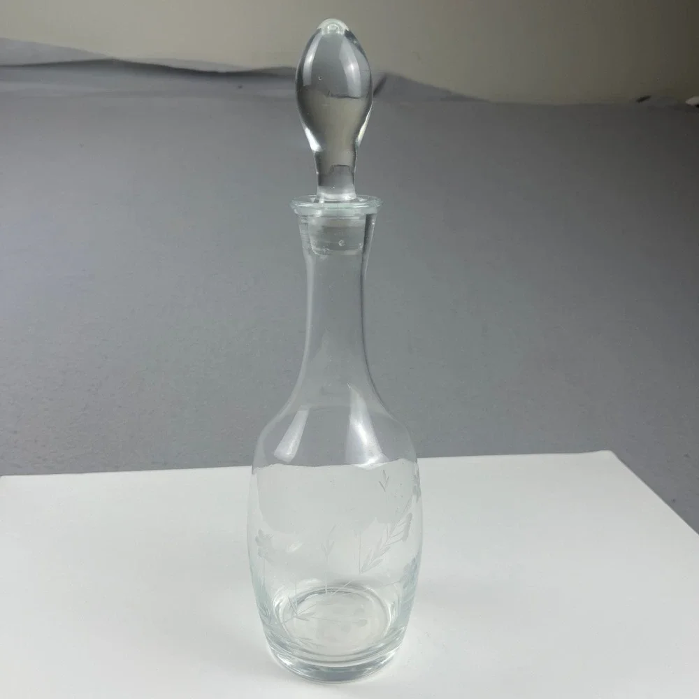Vintage Glass Decanter 15.75in Elegance Floral Etched Stopper Barware Decor MCM